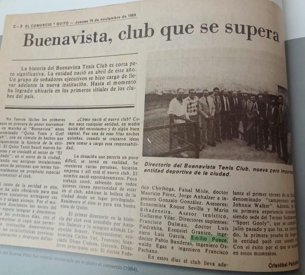 Recorte de El Comercio, 15 de noviembre de 1984: “Buenavista, club que se supera”